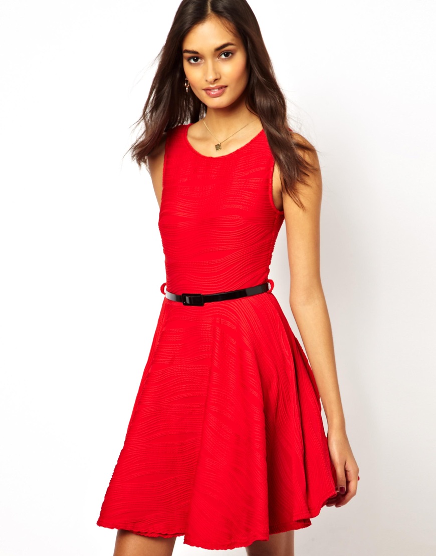 Lyst - Ax Paris Belted Skater Dress in Ripple Fabric in Red