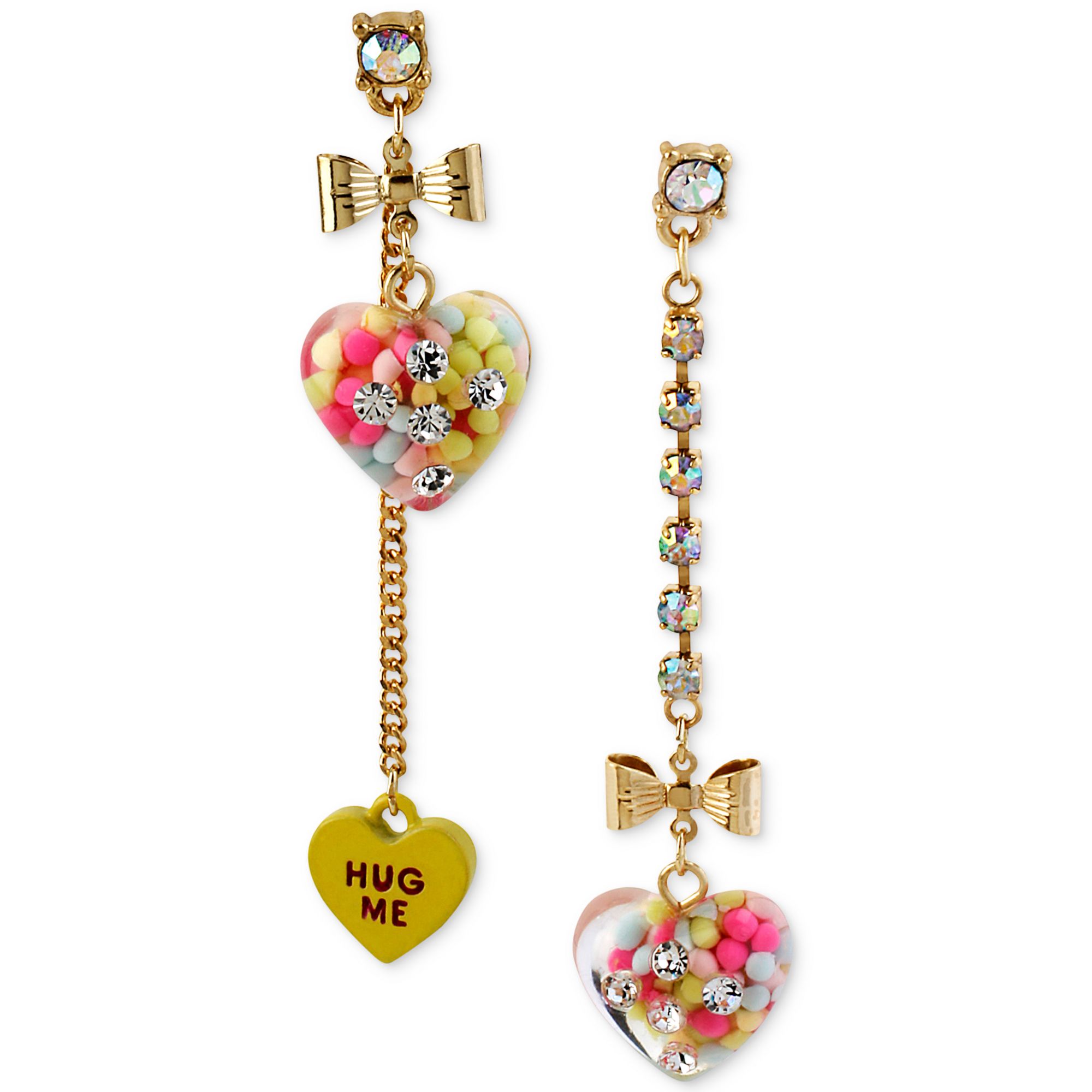 Betsey Johnson Candy Filled Heart Mismatch Earrings in Gold (No Color