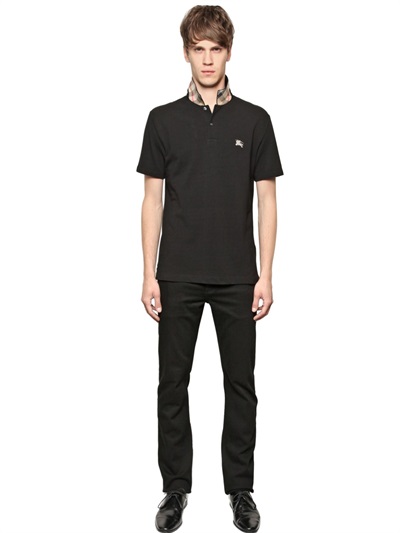 Burberry Brit Checked Under Collar Cotton Pique Polo in Black for Men | Lyst
