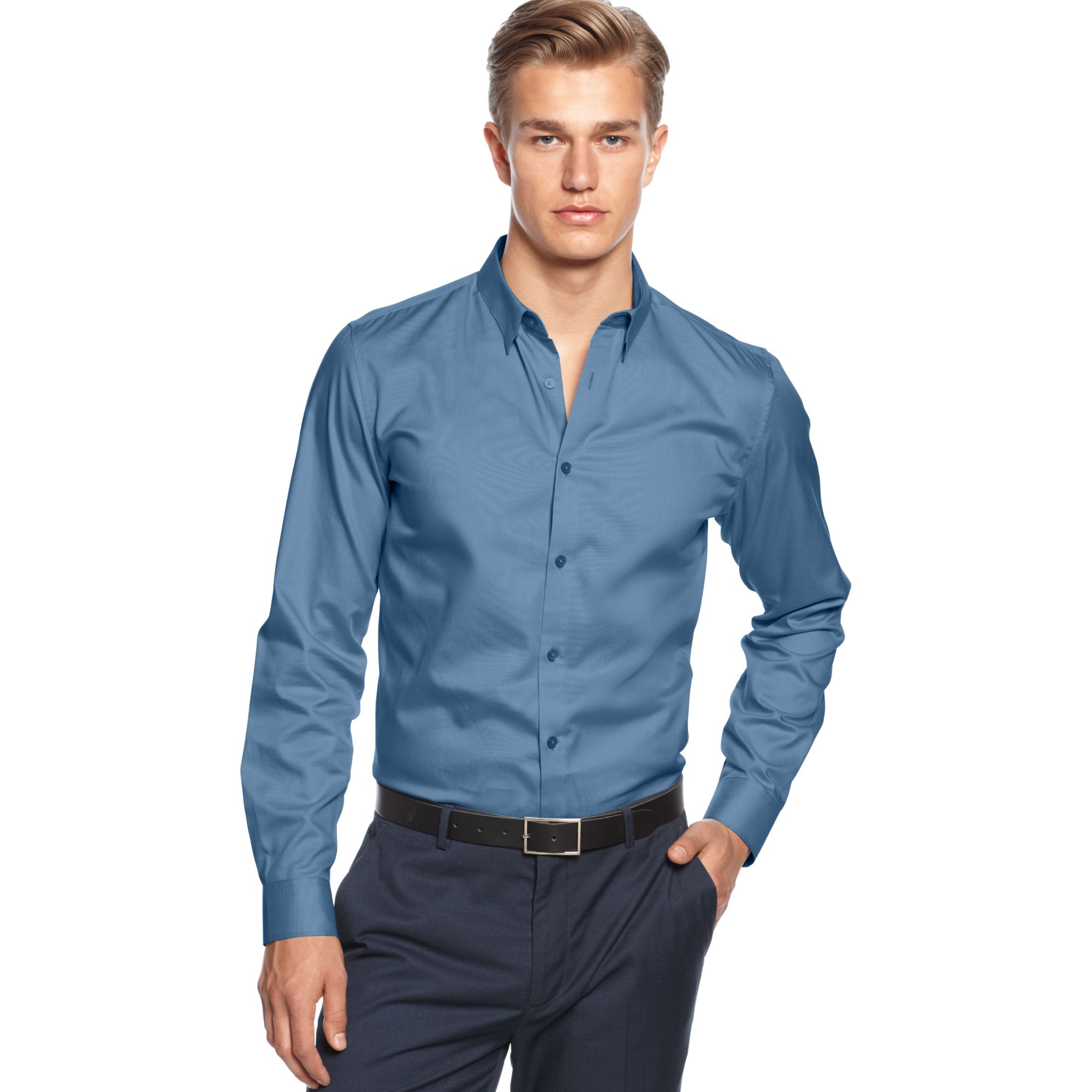 Calvin Klein Long Sleeve Solid Slim Fit Shirt in Blue for Men | Lyst
