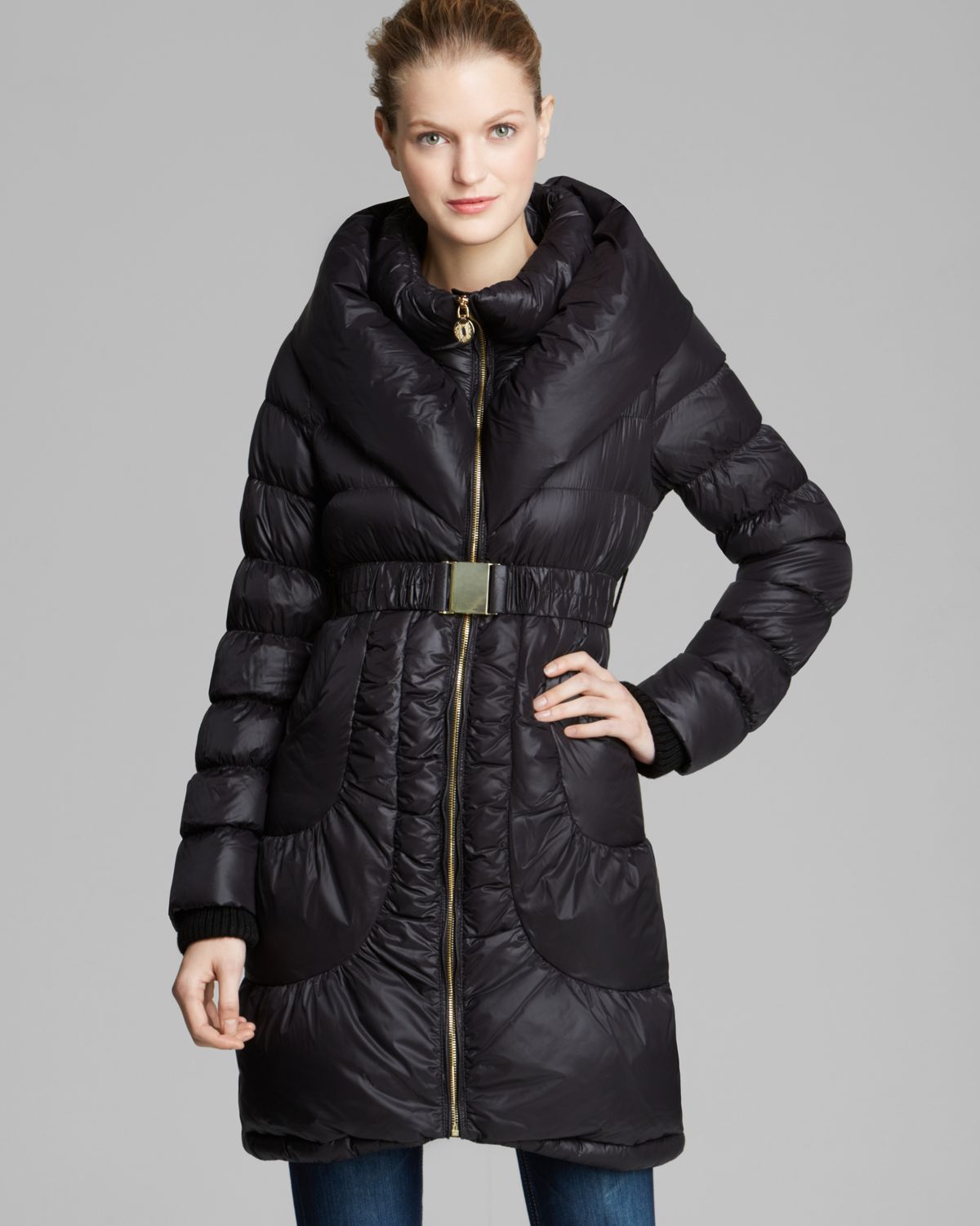 Elie Tahari Coat Shelley Belted Down with Double Pillow Collar in Black ...