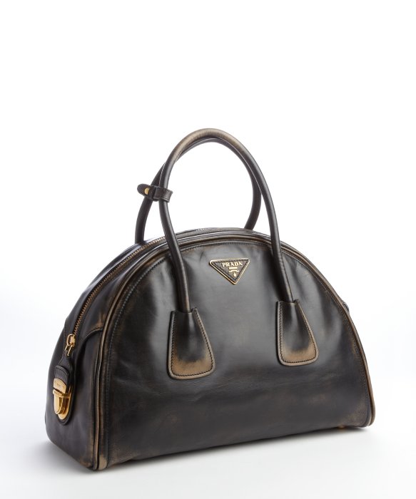 Prada Black Distressed Leather Bowler Bag in Black | Lyst  