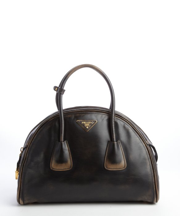 Prada Black Distressed Leather Bowler Bag in Black | Lyst  