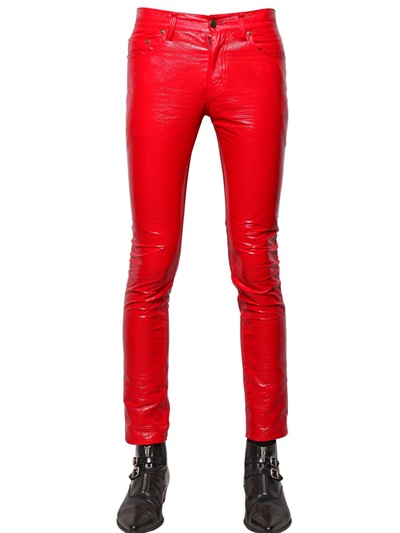 Saint Laurent Faux Patent Leather Skinny Jeans in Red for Men | Lyst