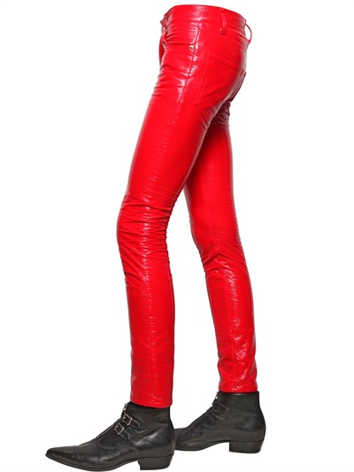 Saint Laurent Faux Patent Leather Skinny Jeans in Red for Men - Lyst