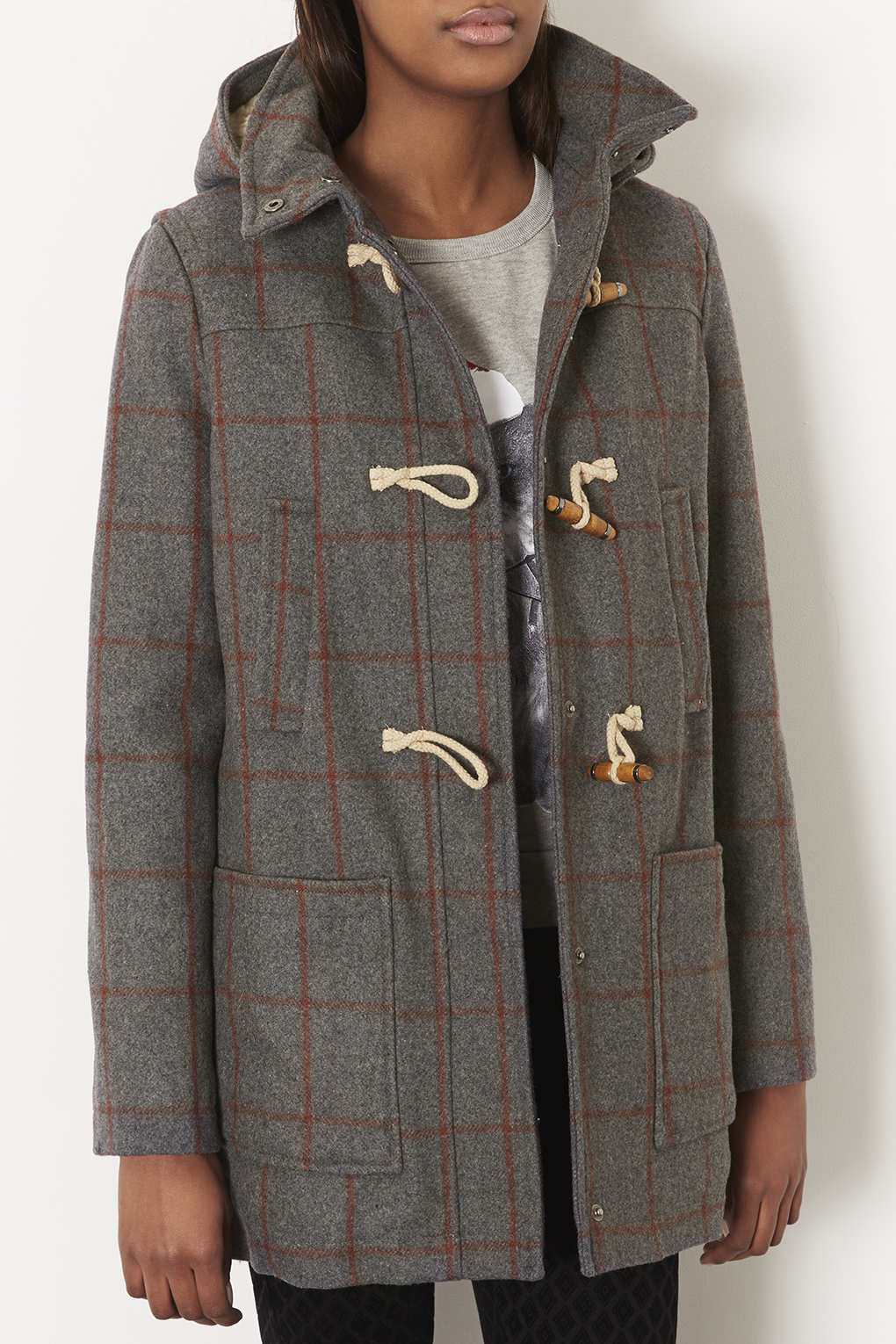 Lyst Check Wool Hooded Duffle Coat in Gray