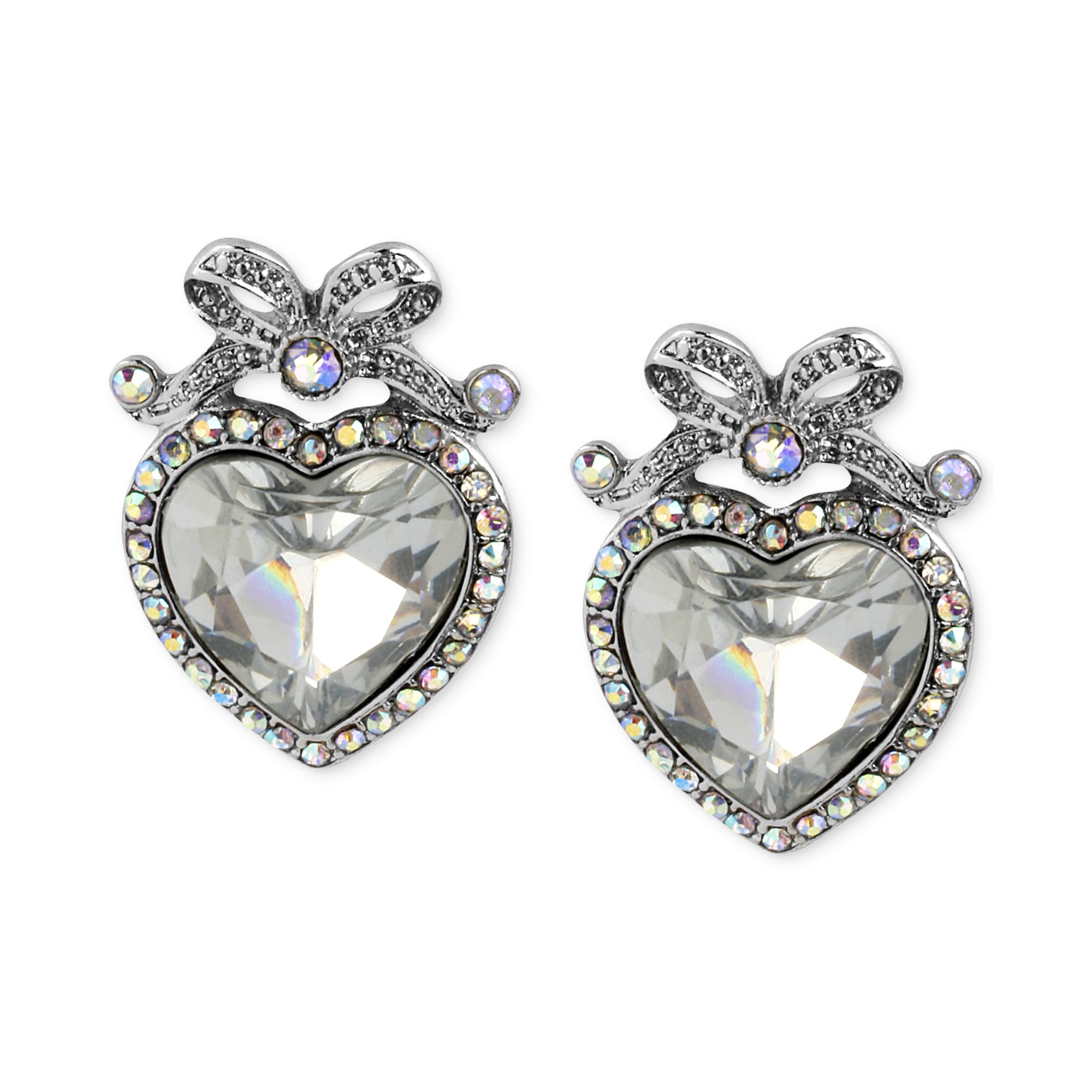 Betsey johnson Crystal Heart Bow Stud Earrings in Silver (No Color) Lyst