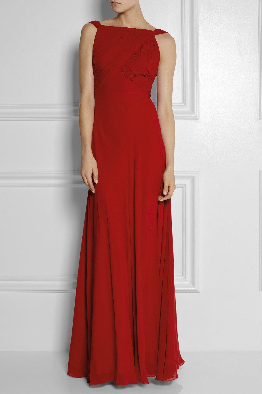 Saint laurent Hand-pleated Silk-georgette Gown in Red | Lyst