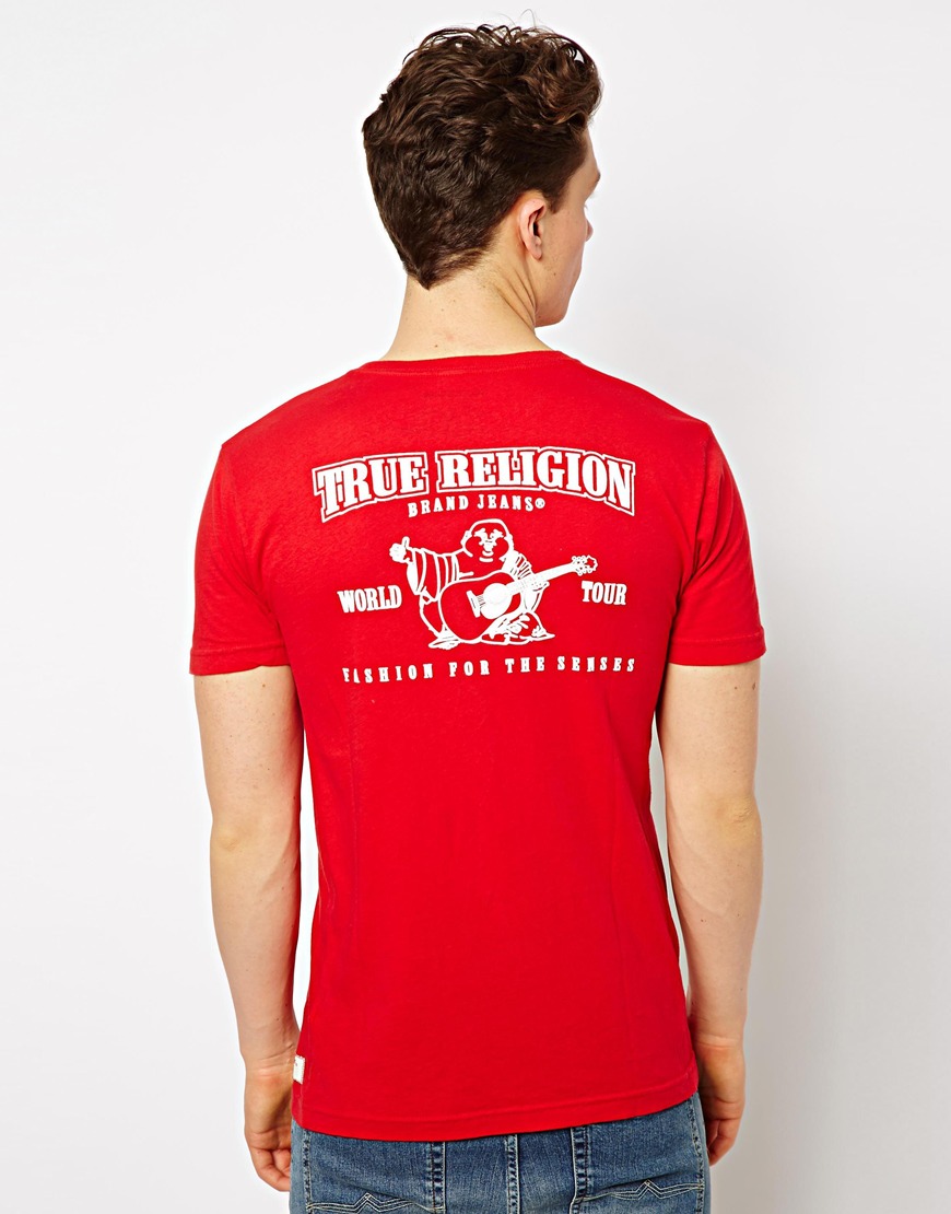 true religion red and white shirt