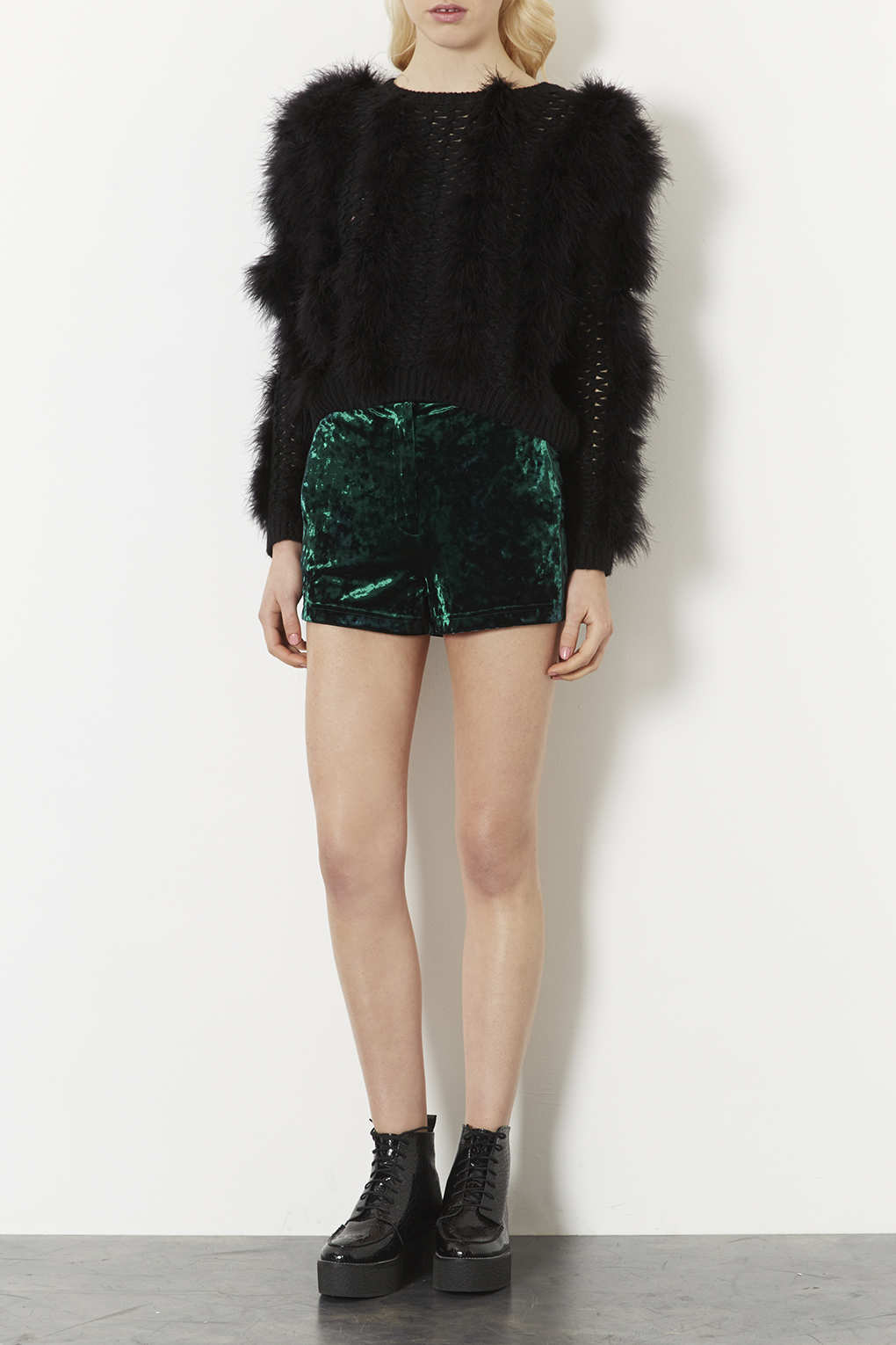 Lyst Topshop Green Crushed Velvet Shorts In Green