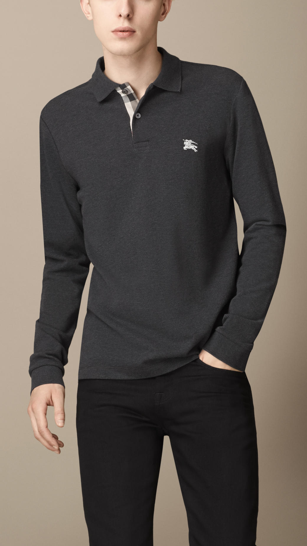 Burberry Long Sleeve Polo Shirt in Gray for Men | Lyst