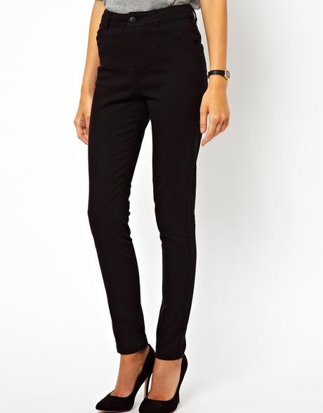 Asos High Waist Trousers in Cotton Twill in Black | Lyst
