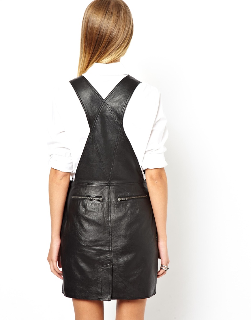 Lyst Asos Leather Pinafore Dress in Black