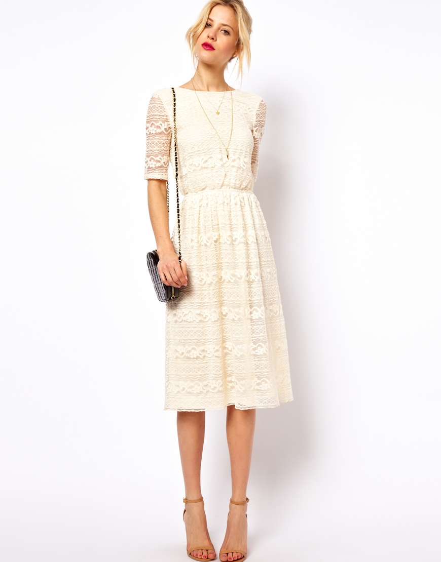 ASOS Midi Dress In Lace With Wrap Back in Natural | Lyst