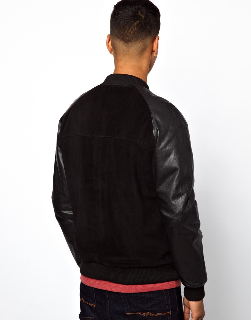 Asos Suede Bomber Jacket with Leather Sleeves in Black for Men | Lyst
