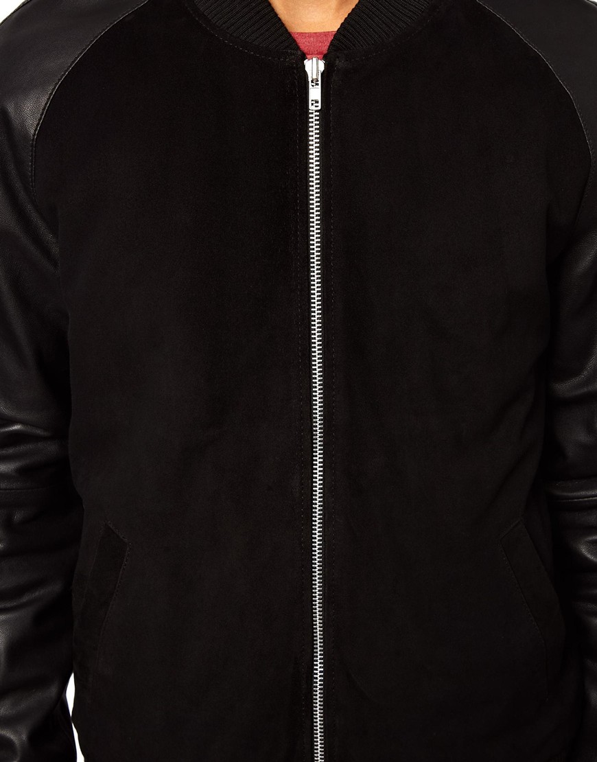 ASOS Suede Bomber Jacket with Leather Sleeves in Black for Men Lyst