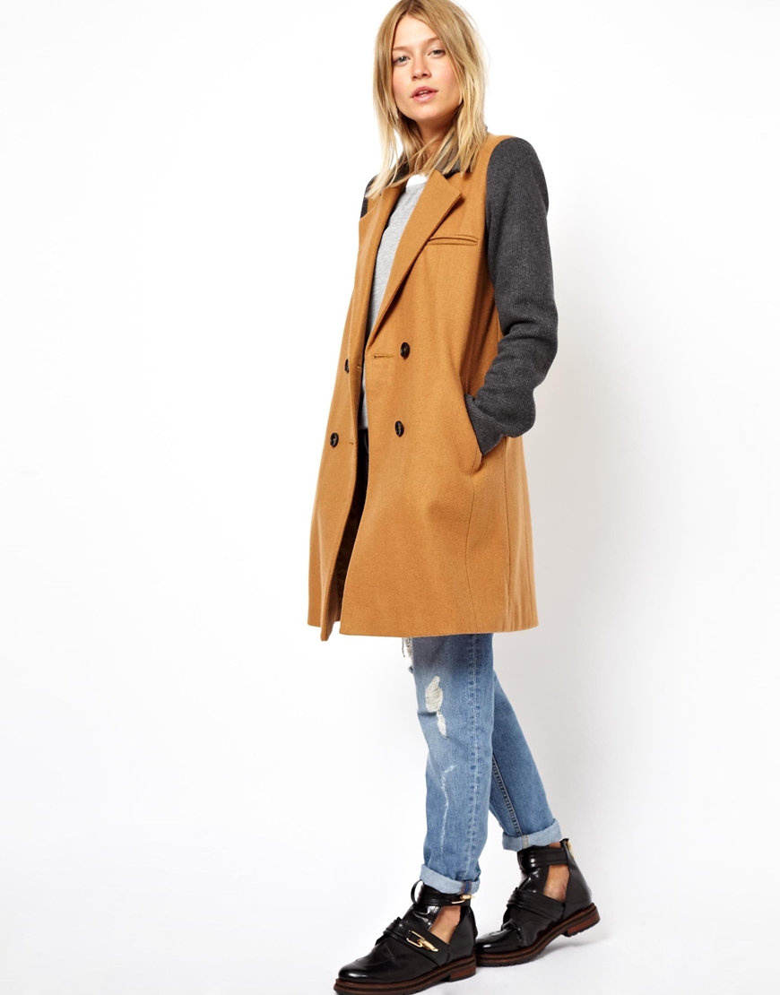 Lyst Asos Contrast Sleeve Double Breasted Coat in Brown