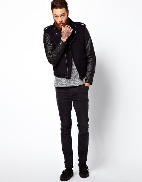 Asos Biker Jacket with Faux Leather Sleeves in Black for Men (Navy) | Lyst