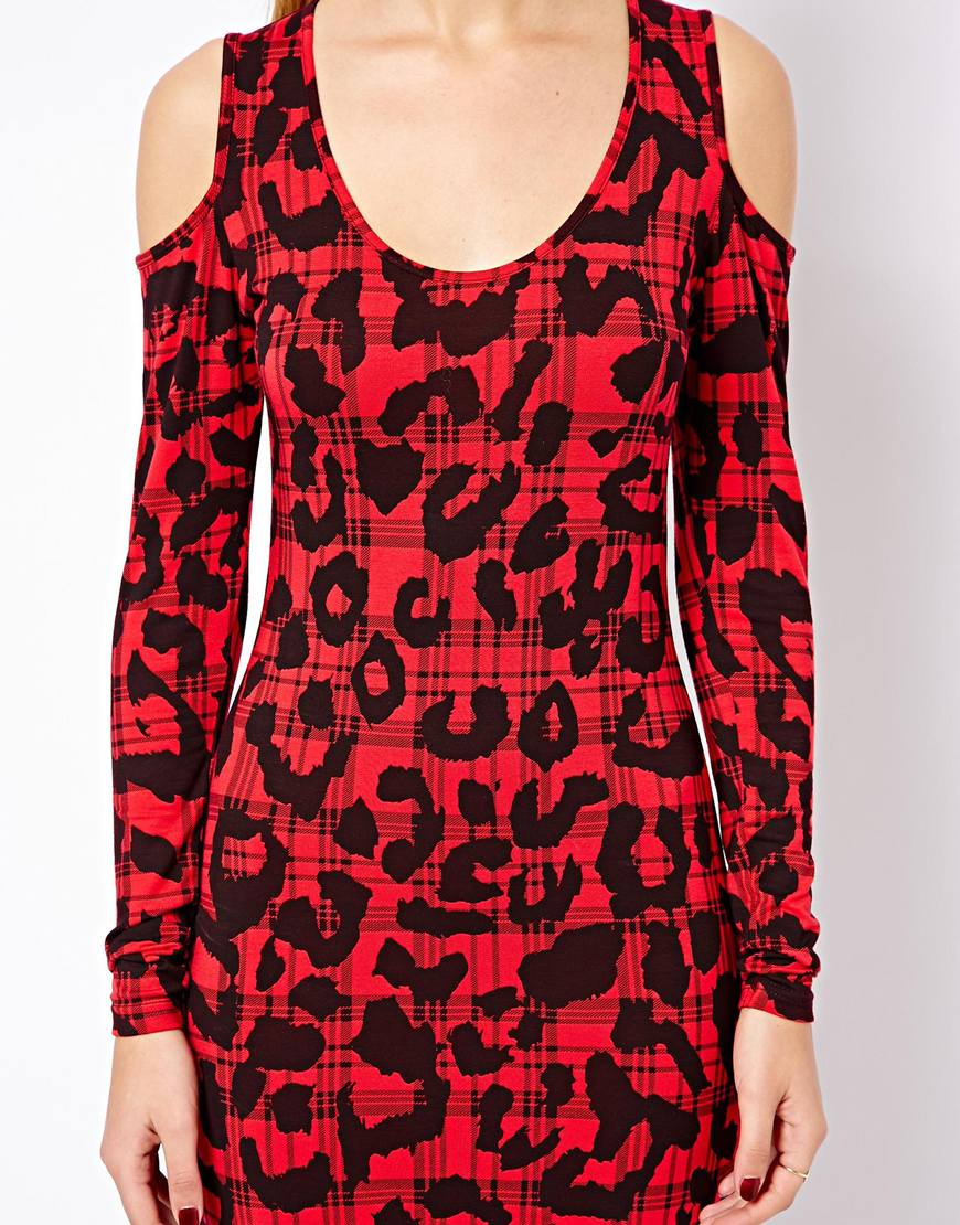 ASOS Bodycon Dress With Cold Shoulder In Check Animal Print in Red - Lyst