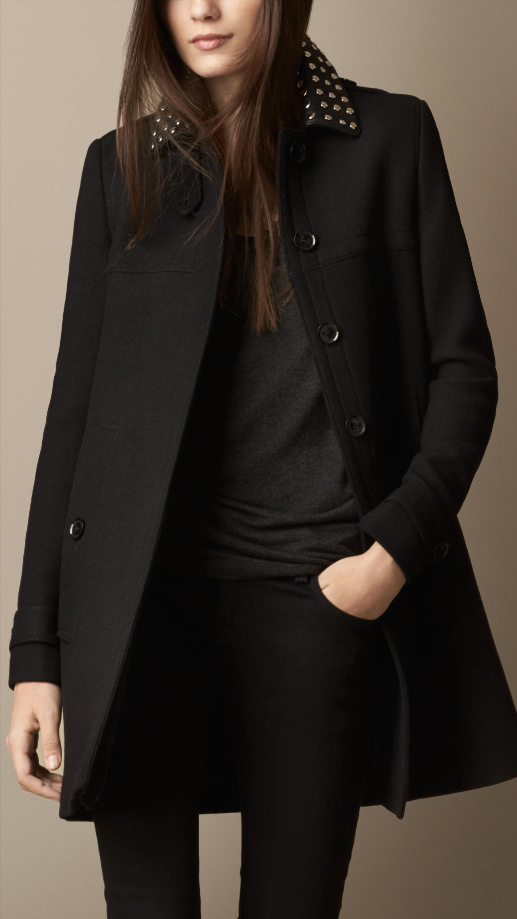 Lyst - Burberry Studded Leather Collar A-line Coat in Black