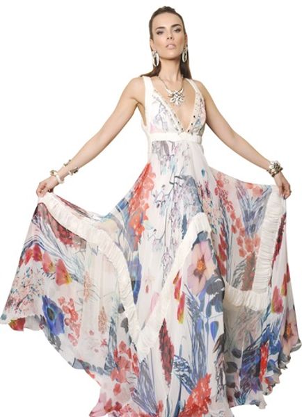 Roberto cavalli Floral Printed Silk Chiffon Long Dress in Multicolor