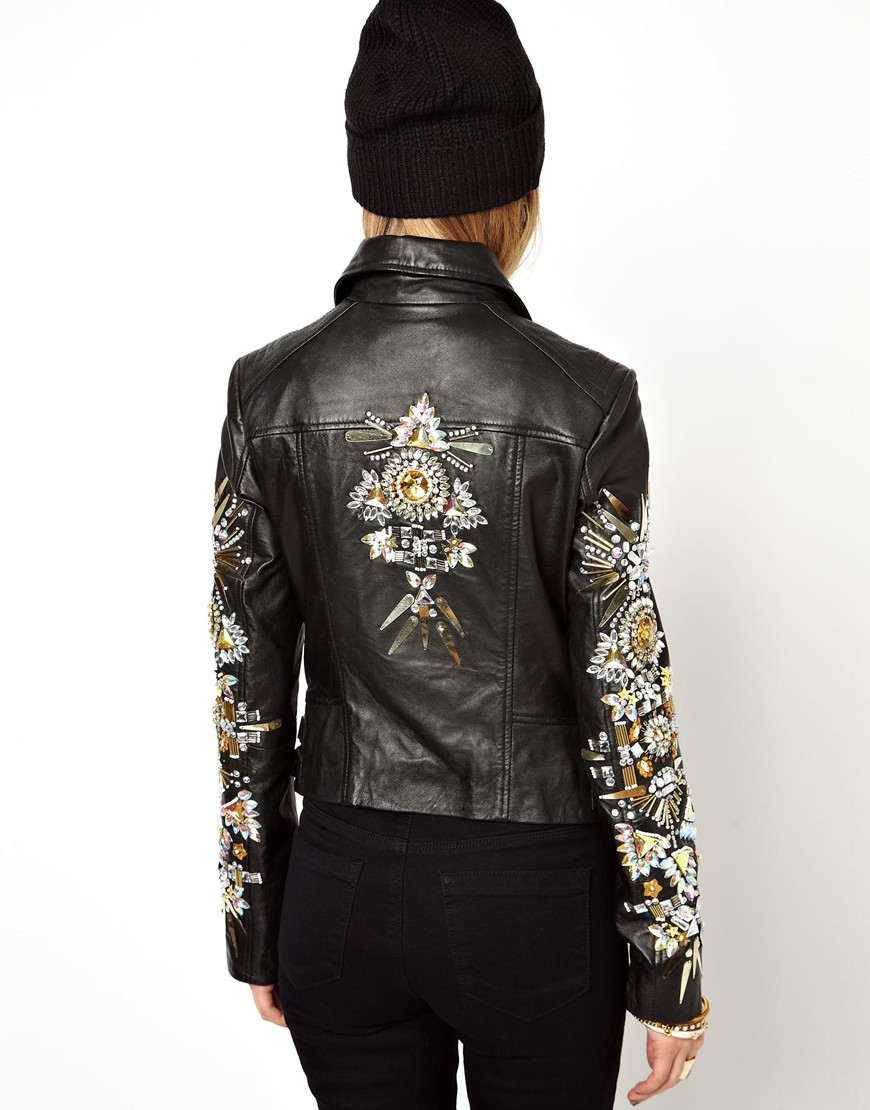 ASOS Leather Biker Jacket with Heavily Embellished Sleeve in Black | Lyst