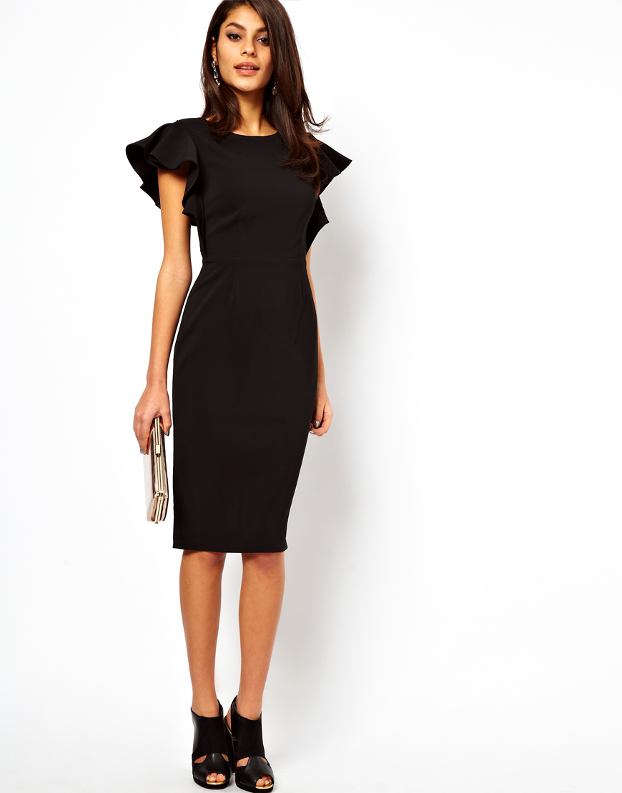 ASOS Pencil Dress with Ruffle Sleeves in Black | Lyst