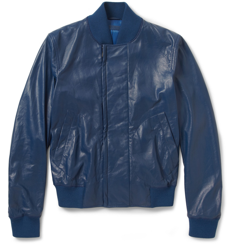 Bottega Veneta Leather Bomber Jacket in Blue for Men - Lyst