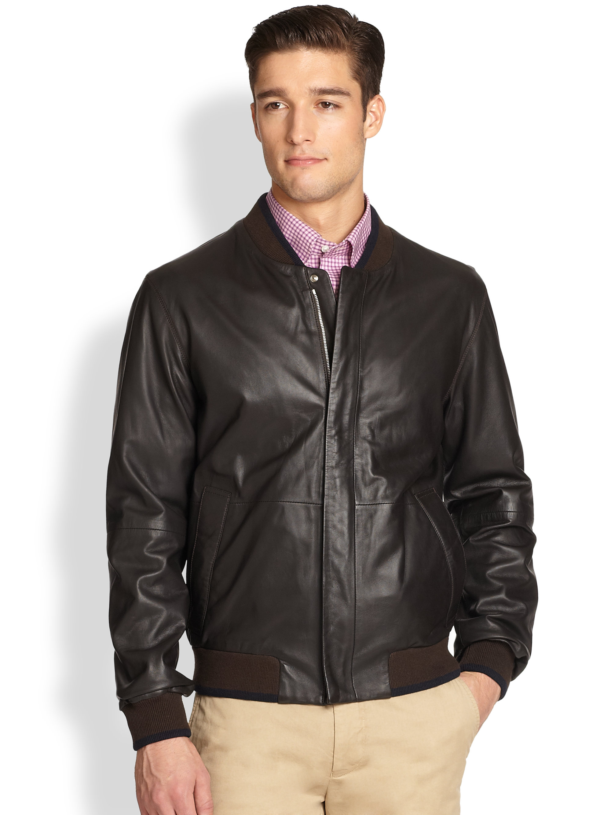 Fa onnable Leather  Bomber  Jacket  in Dark Brown Brown for 