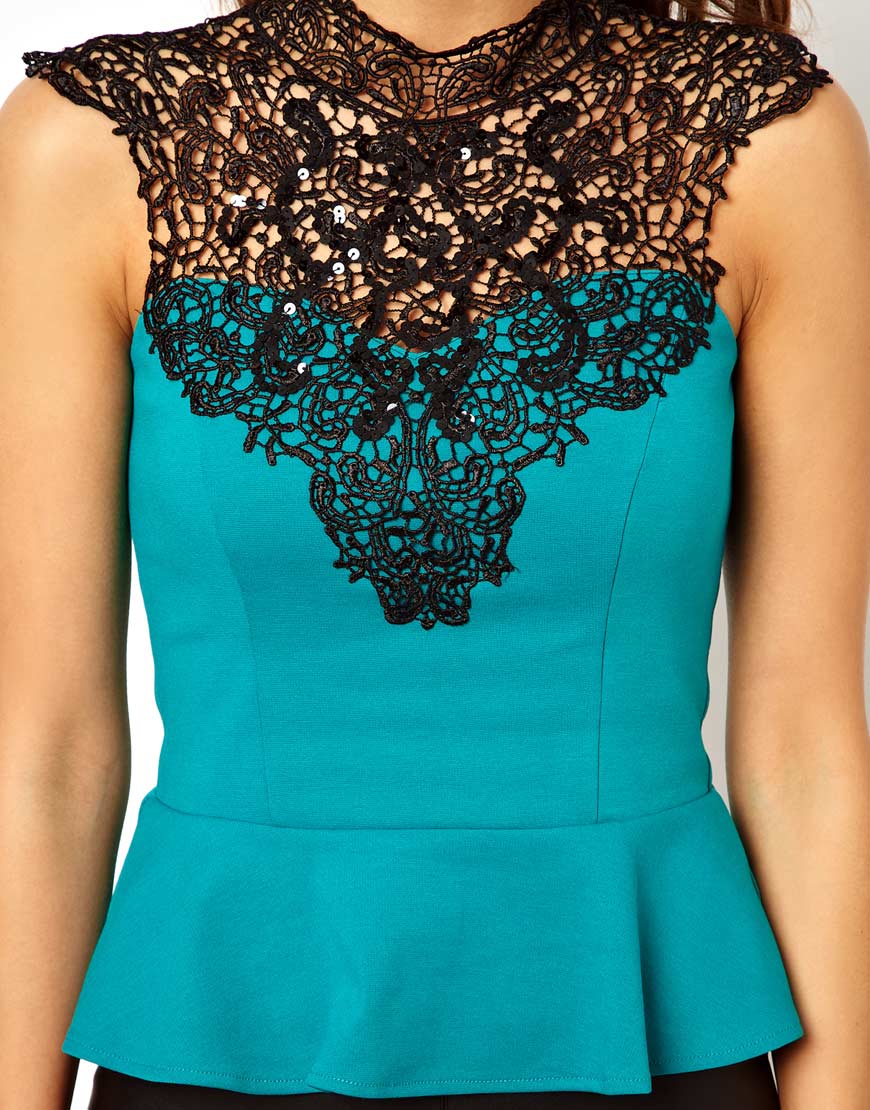 Lipsy Lace Peplum Top with High Neck in Blue - Lyst