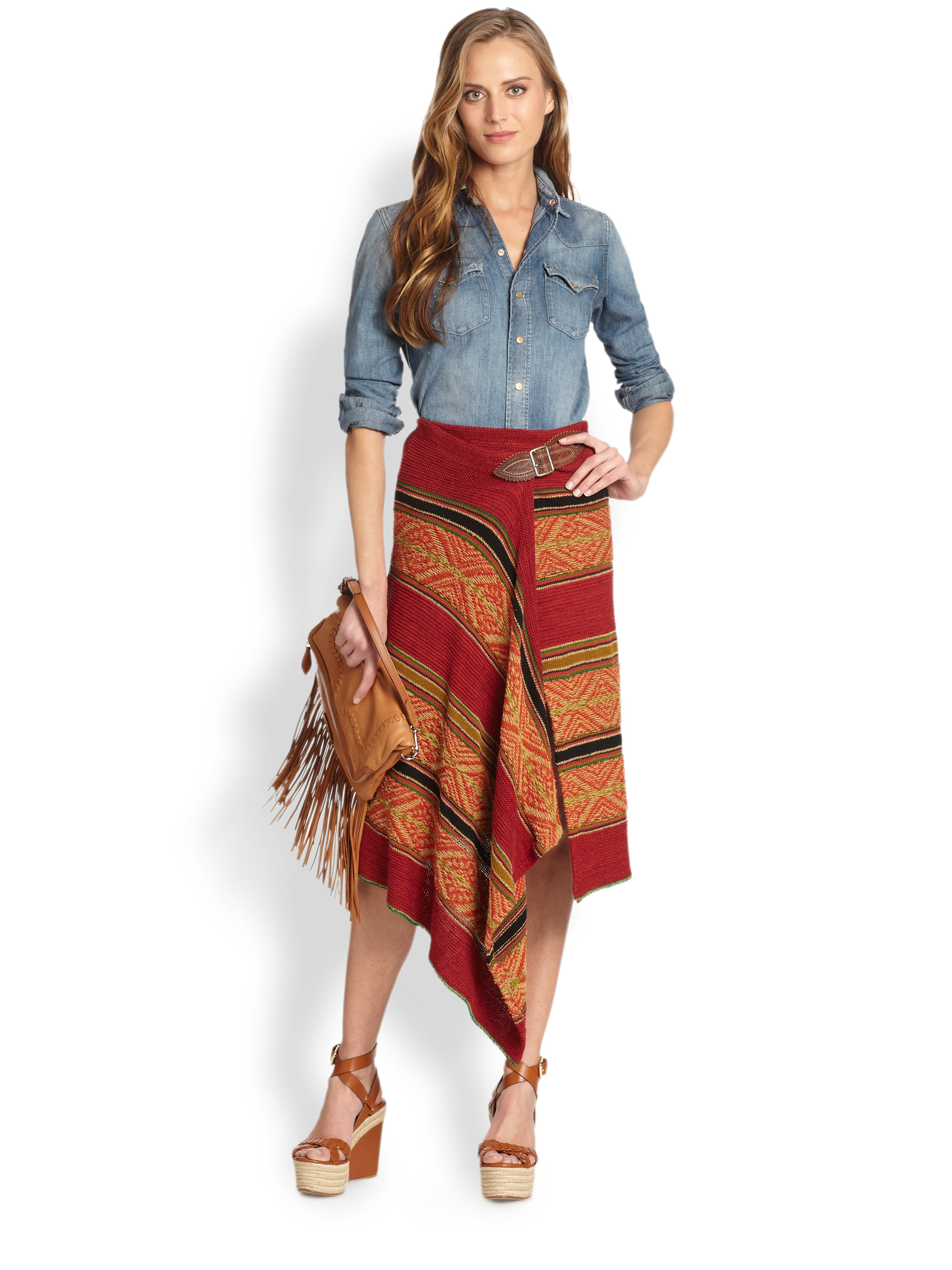 Lyst - Ralph Lauren Blue Label Buckled Asymmetrical Wrap Skirt in Red