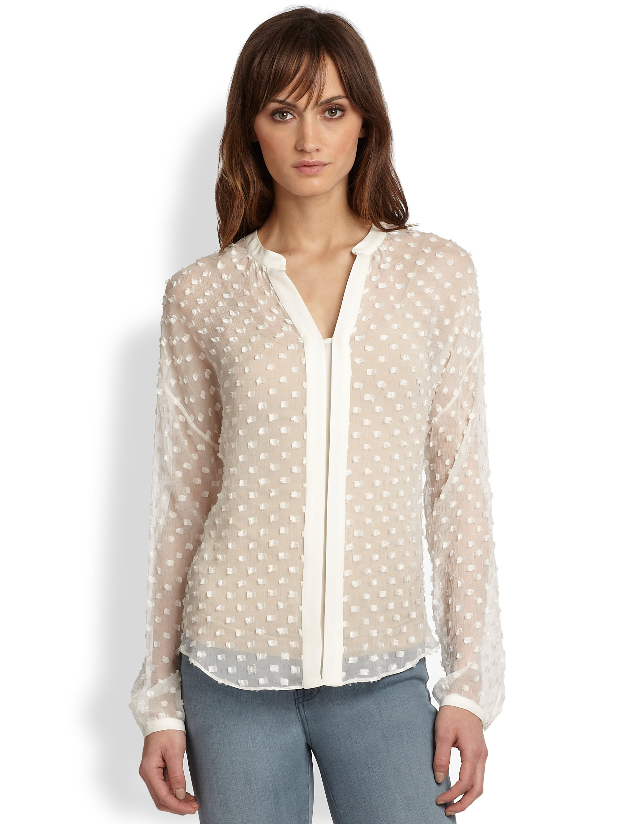 swiss dot shirred chiffon blouse