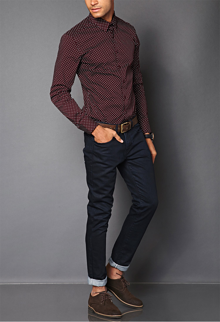 burgundy shirt with white polka dots