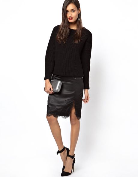 Asos Satin Pencil Skirt with Lace Hem in Black | Lyst