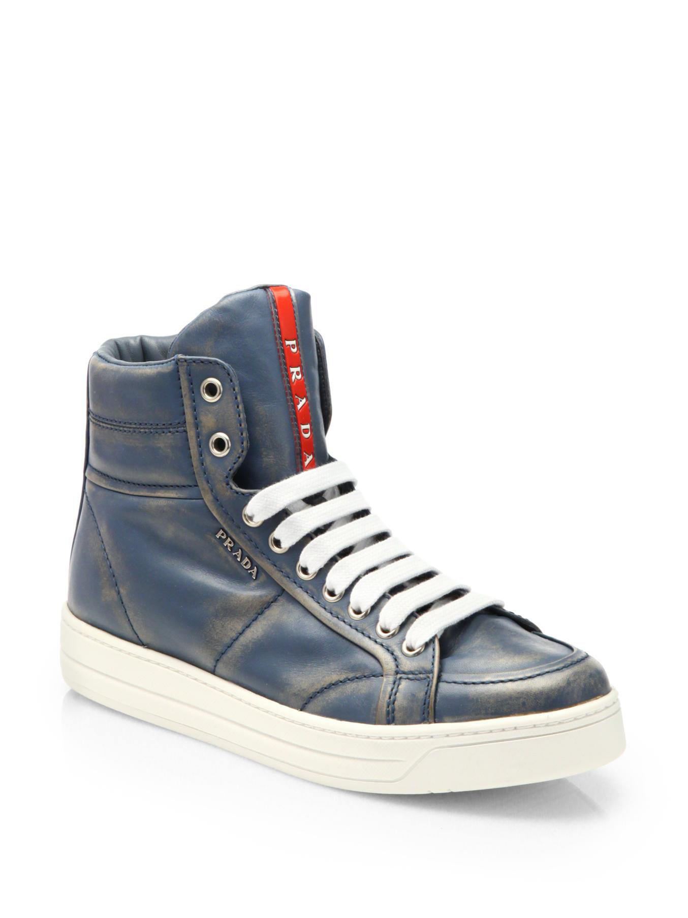Lyst - Prada Leather Lace Up High Top Sneakers in Blue