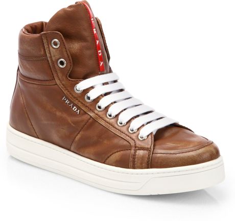 Prada Leather Laceup High Top Sneakers in Brown (BRANDY) | Lyst