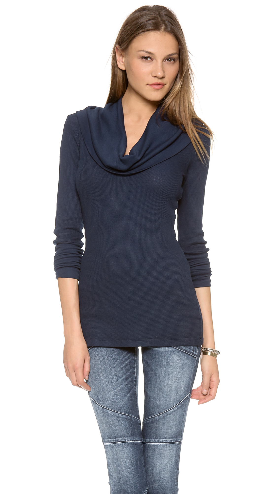 navy blue cowl neck top