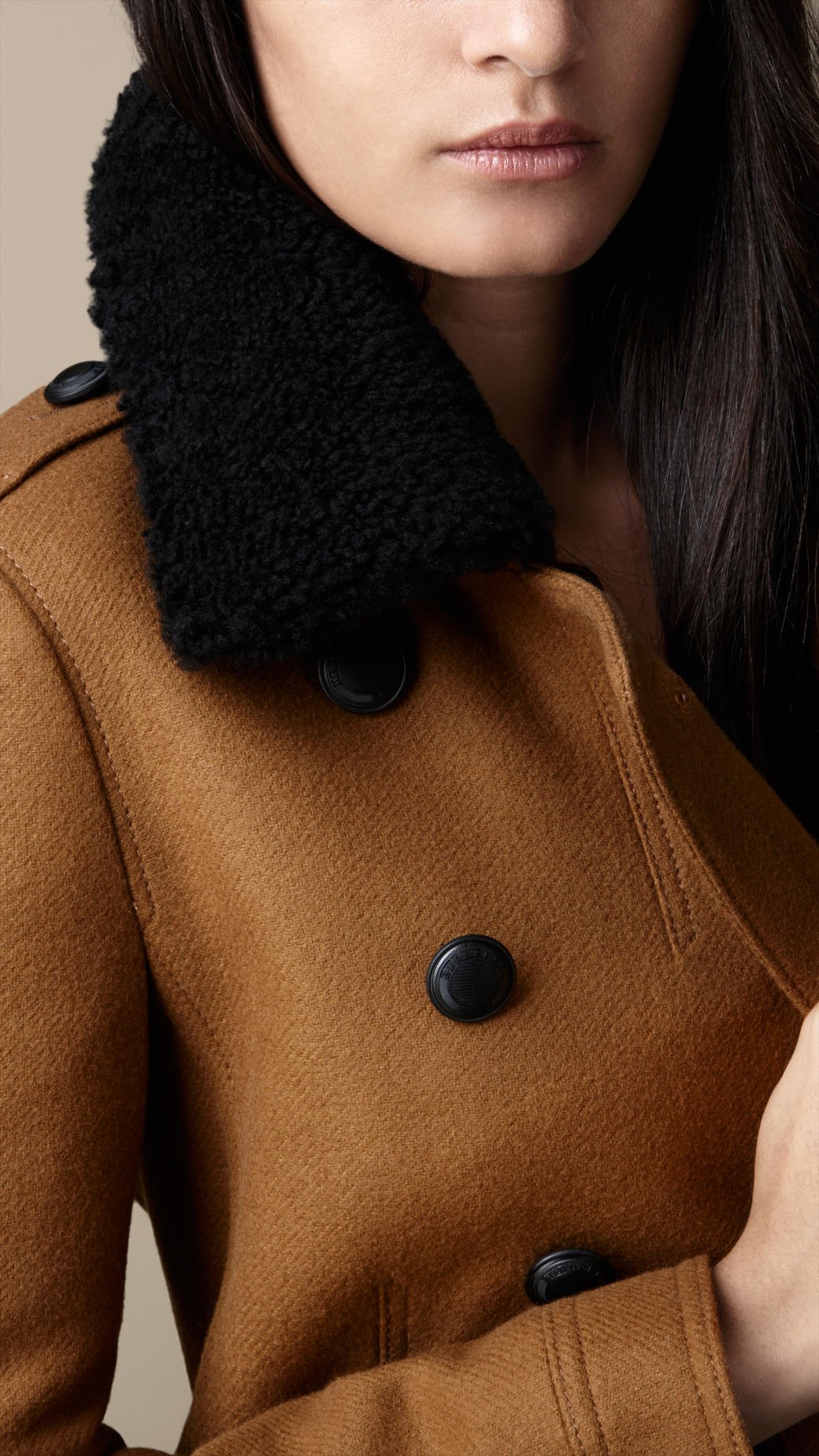 Lyst Burberry Shearling Collar Pea Coat in Natural