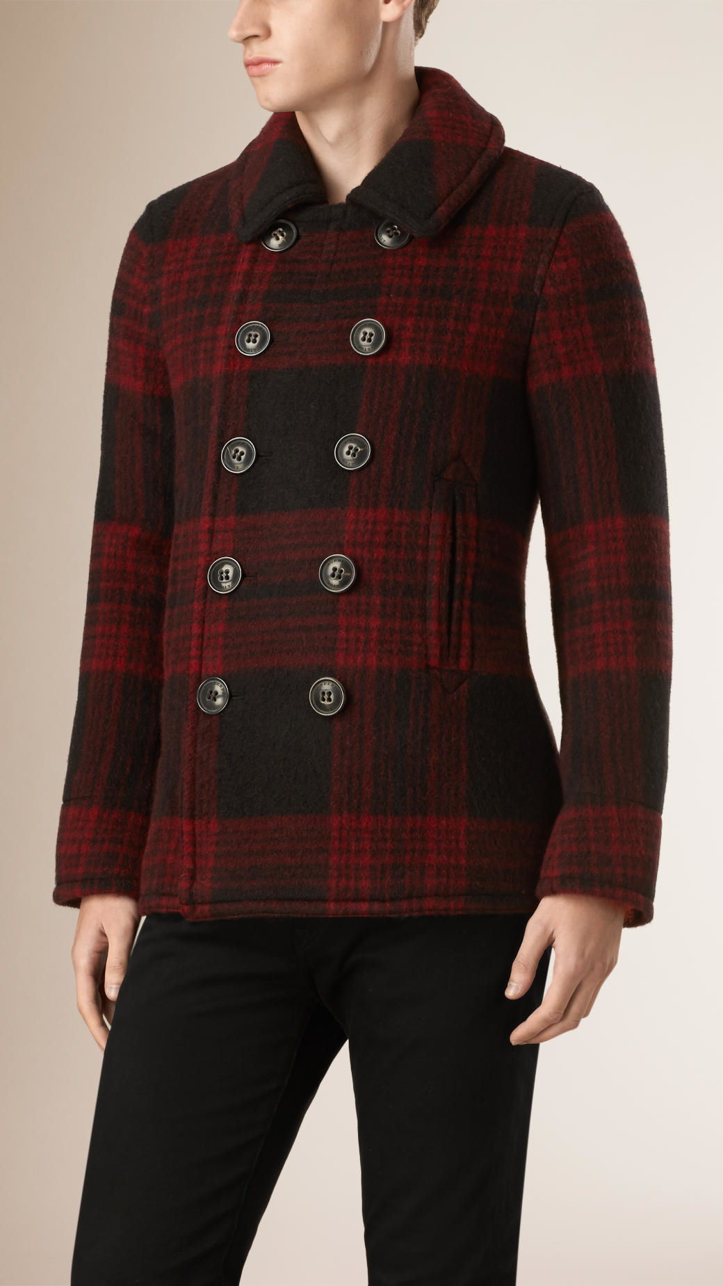 Burberry Check Wool Mohair Pea Coat in Red for Men Lyst
