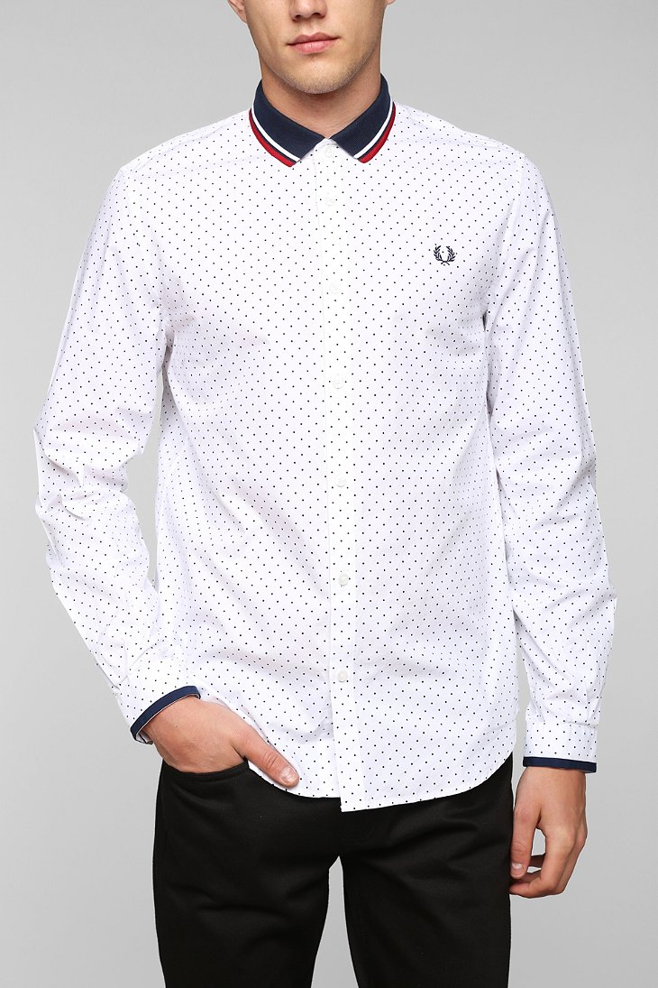 white polka dot button down shirt