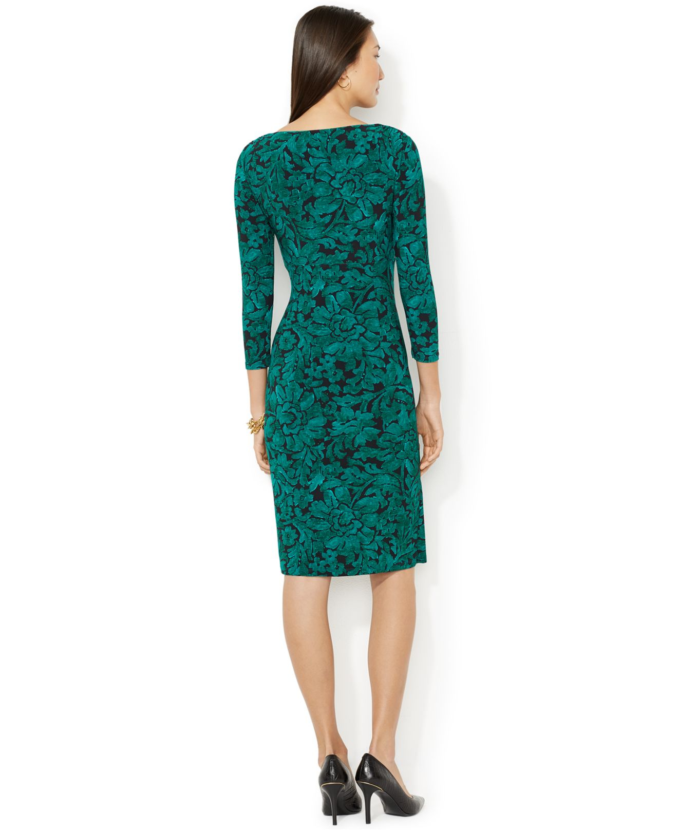 Lauren by Ralph Lauren Floral-Print Faux-Wrap Dress in Green