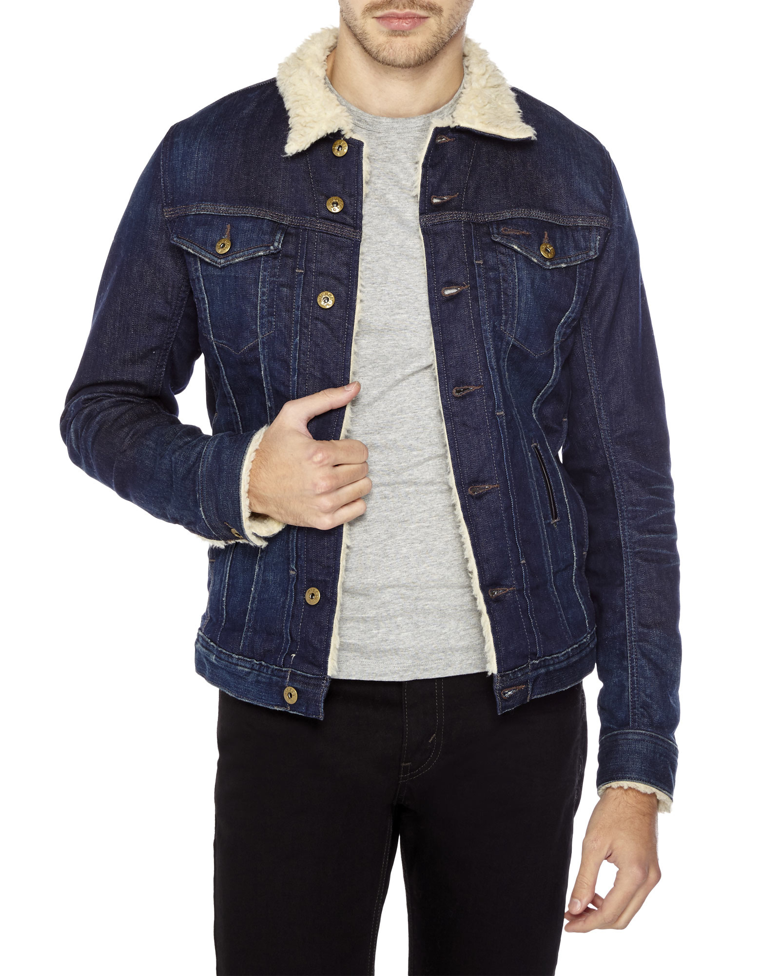 Diesel Elshar Faux Fur Trim Denim Jacket in Blue for Men | Lyst