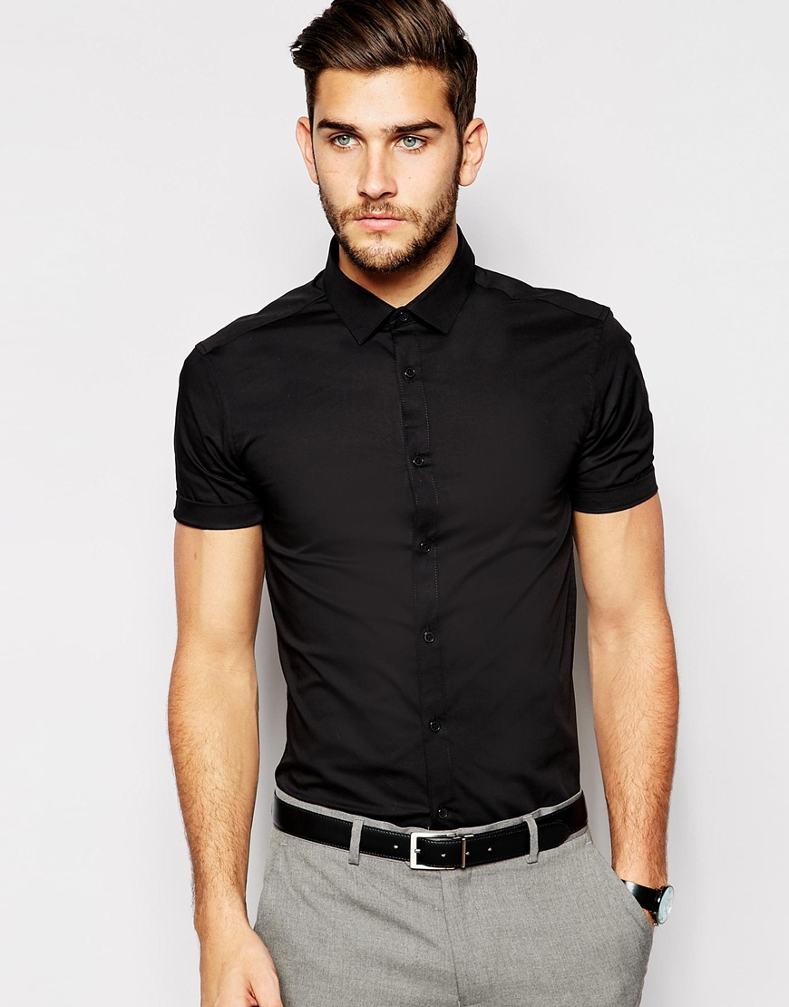 Lyst - Asos Skinny Fit Shirt In Black With Short Sleeves in Black for Men