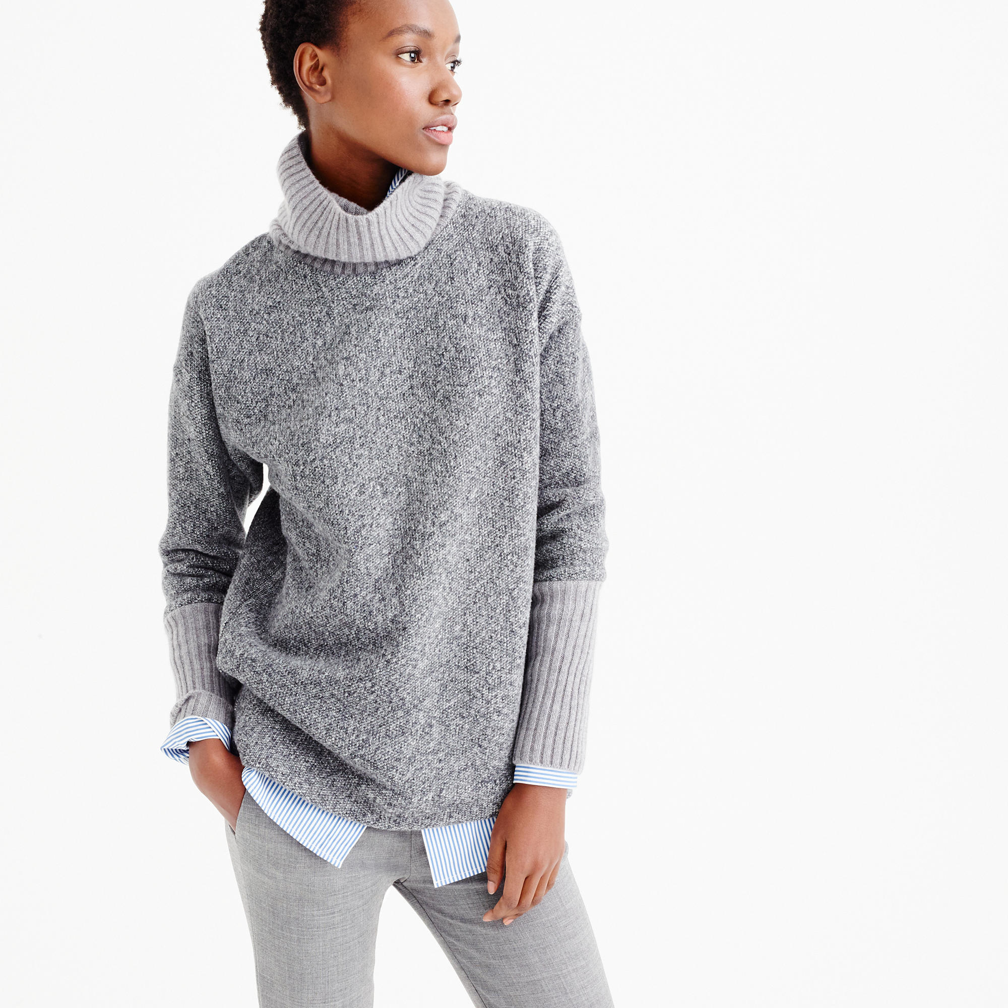 J.crew Relaxed Fleece Turtleneck With Cashmere Trim in Gray (hthr