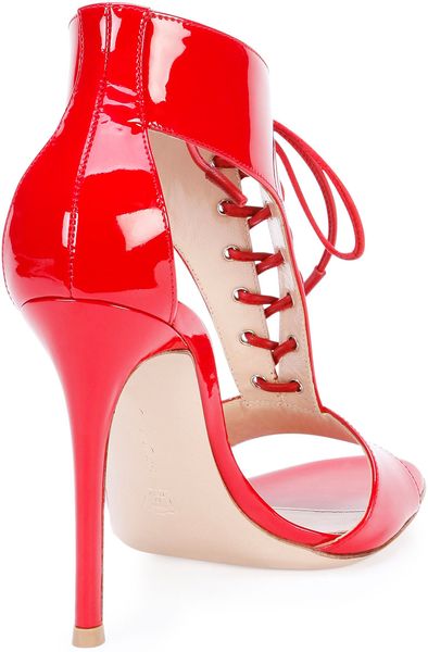 Gianvito Rossi T-Strap Patent Lace-Up Sandal in Red | Lyst
