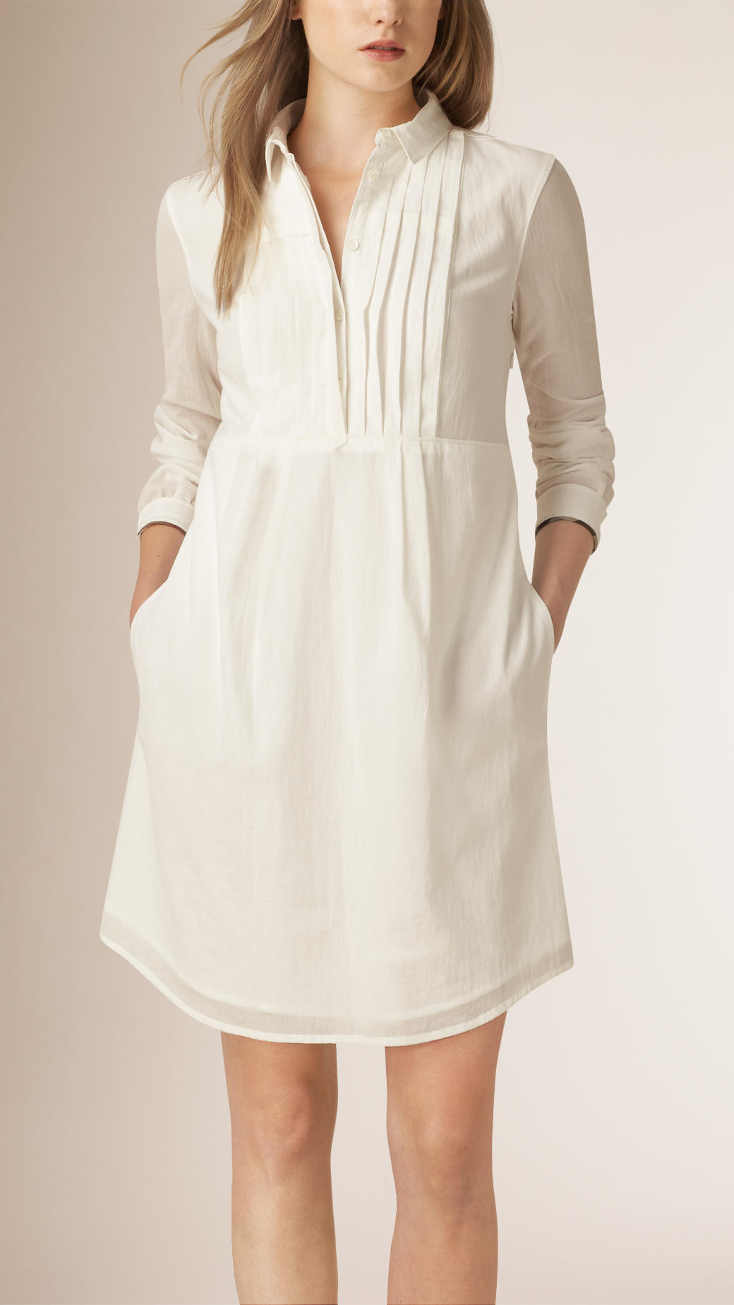 Burberry Pleat Detail Cotton Shirt Dress in White | Lyst