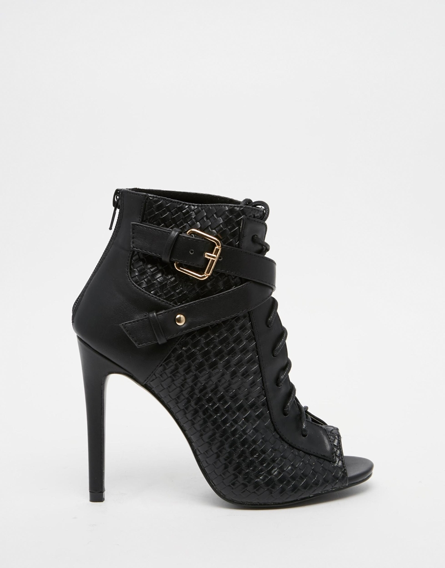 Daisy Street Black Lace Up Peep Toe Shoe Boots | Lyst