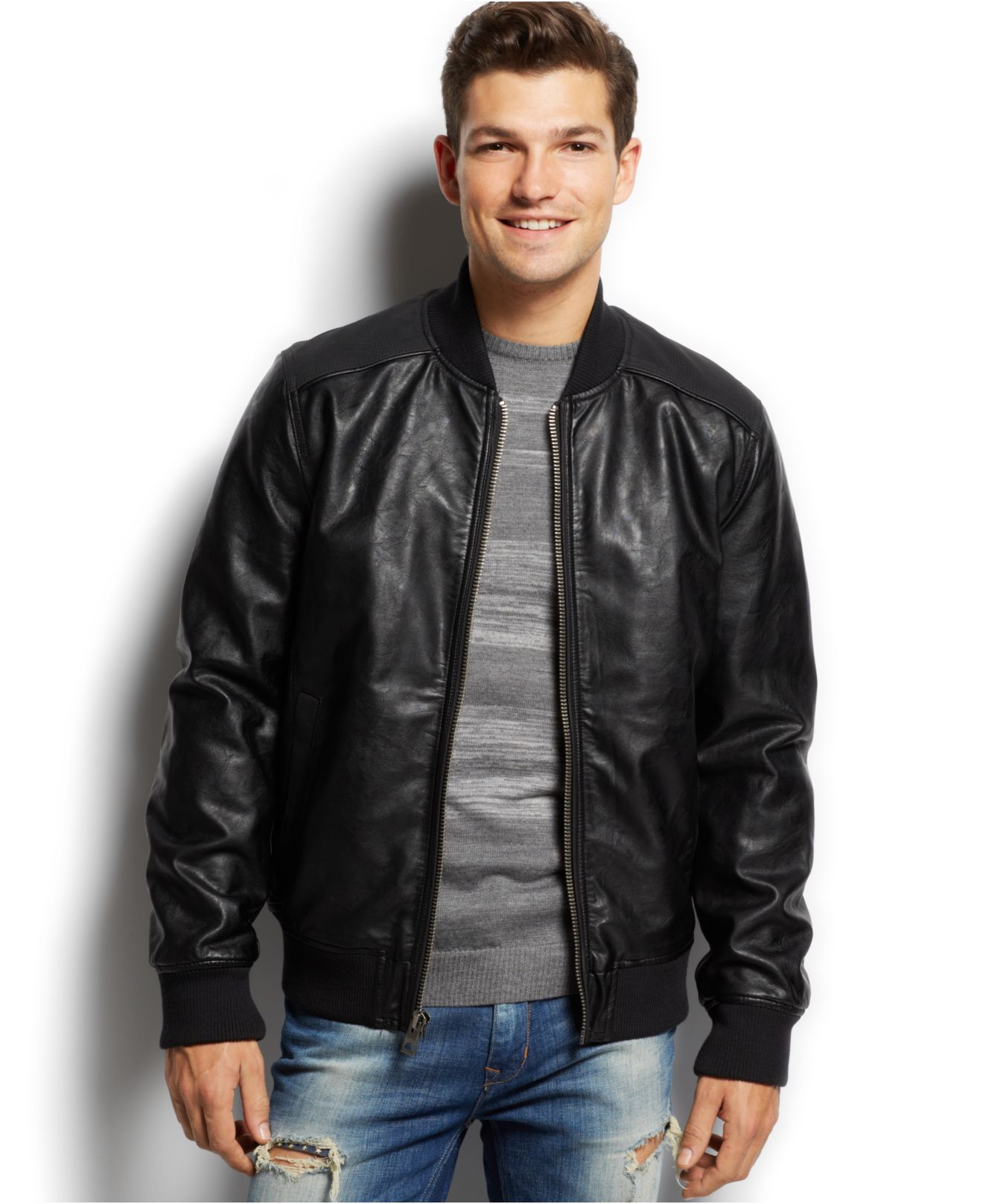 Guess Faux-Leather Bomber Jacket in Black for Men - Lyst