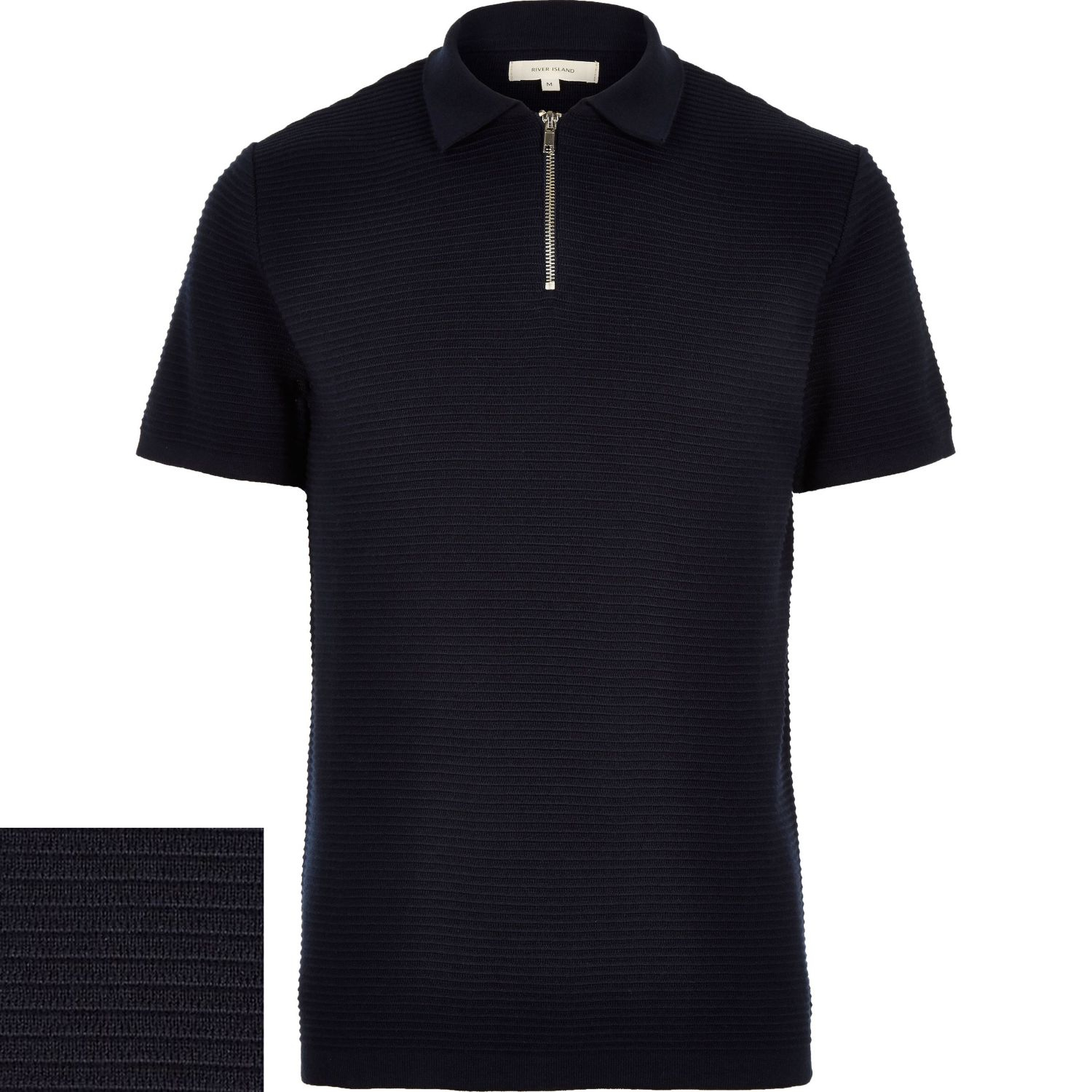 River Island | Blue Navy Zip Neck Ribbed Polo Shirt for Men | Lyst
