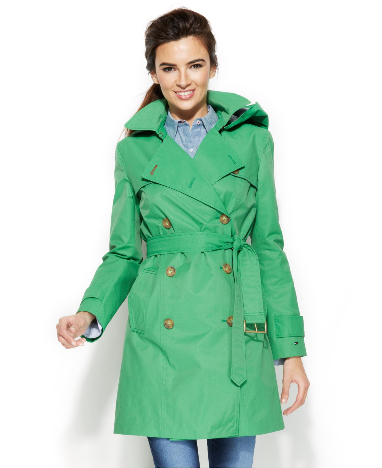 Tommy Hilfiger Petite Hooded Double-Breasted Belted Trench Coat in 
